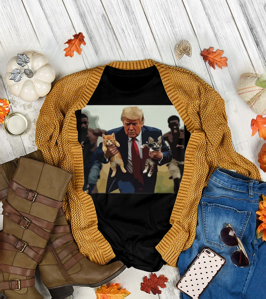 Trump Holding Cats in a Suit and Tie with Running Figures in Background T-Shirt