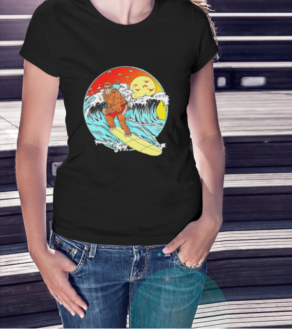 Bigfoot Surfing Sasquatch Retro 80s Beach Waves Sun Fun T-Shirt