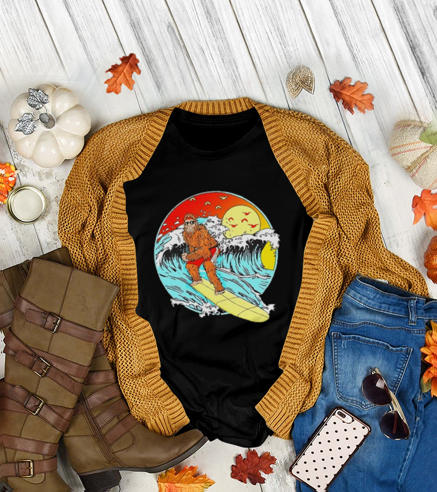 Bigfoot Surfing Sasquatch Retro 80s Beach Waves Sun Fun T-Shirt