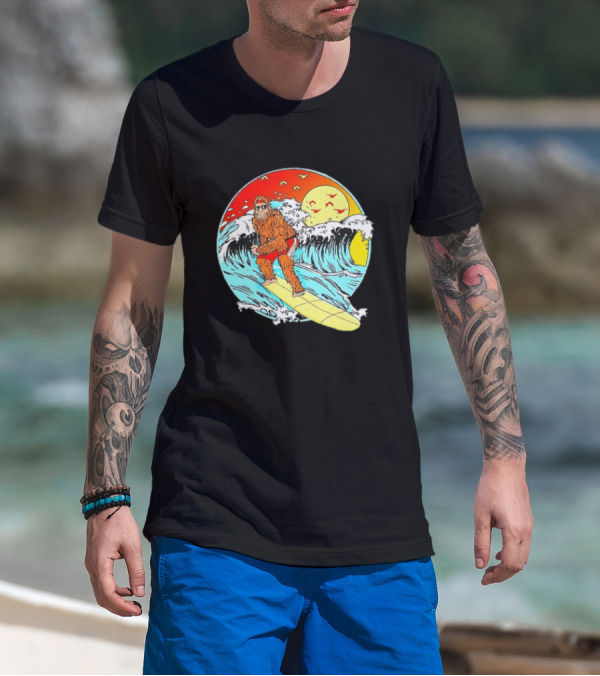 Bigfoot Surfing Sasquatch Retro 80s Beach Waves Sun Fun T-Shirt