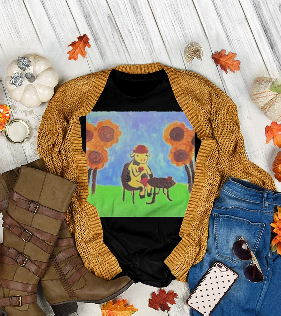 Leanbeeftees Tea Time Cow in Hat with Sunflowers T-Shirt