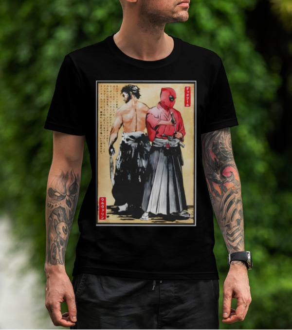 Mutant Samurai And Red Ronin Deadpool Wolverine Woodblock T-Shirt