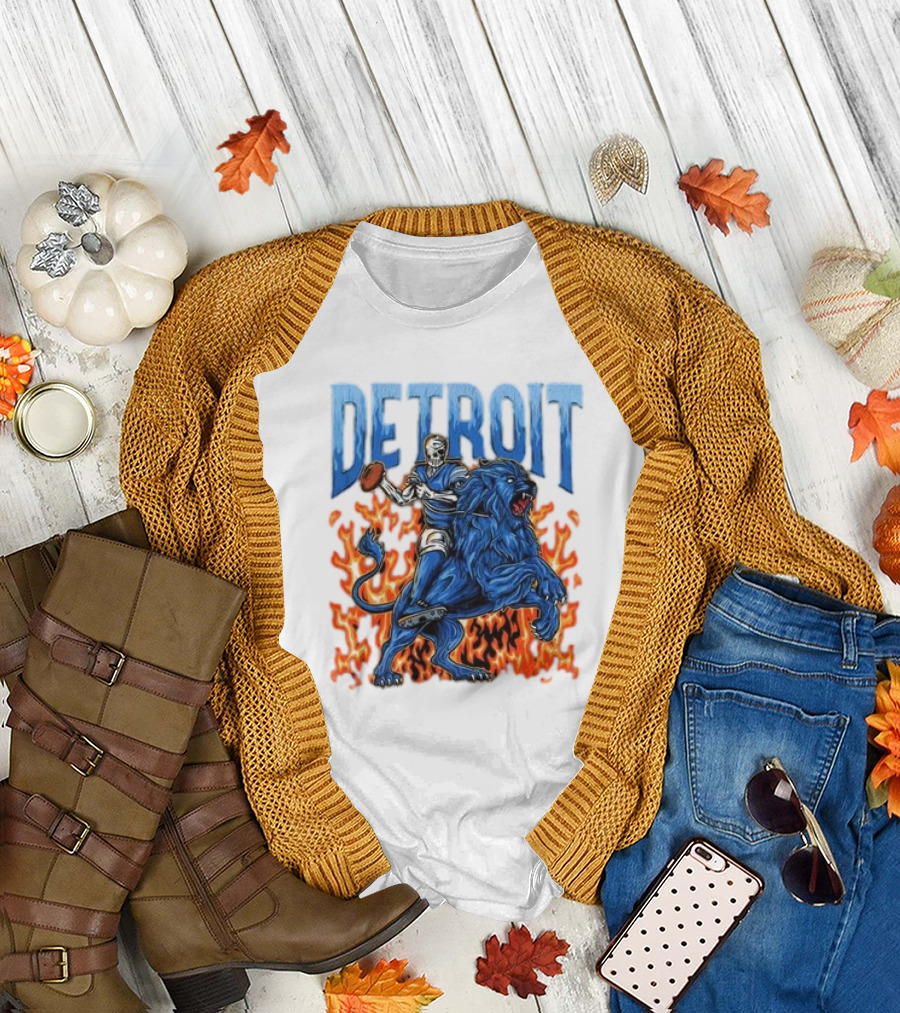 Detroit Lions Skeleton Quarterback Riding Flaming Blue Lion T-Shirt