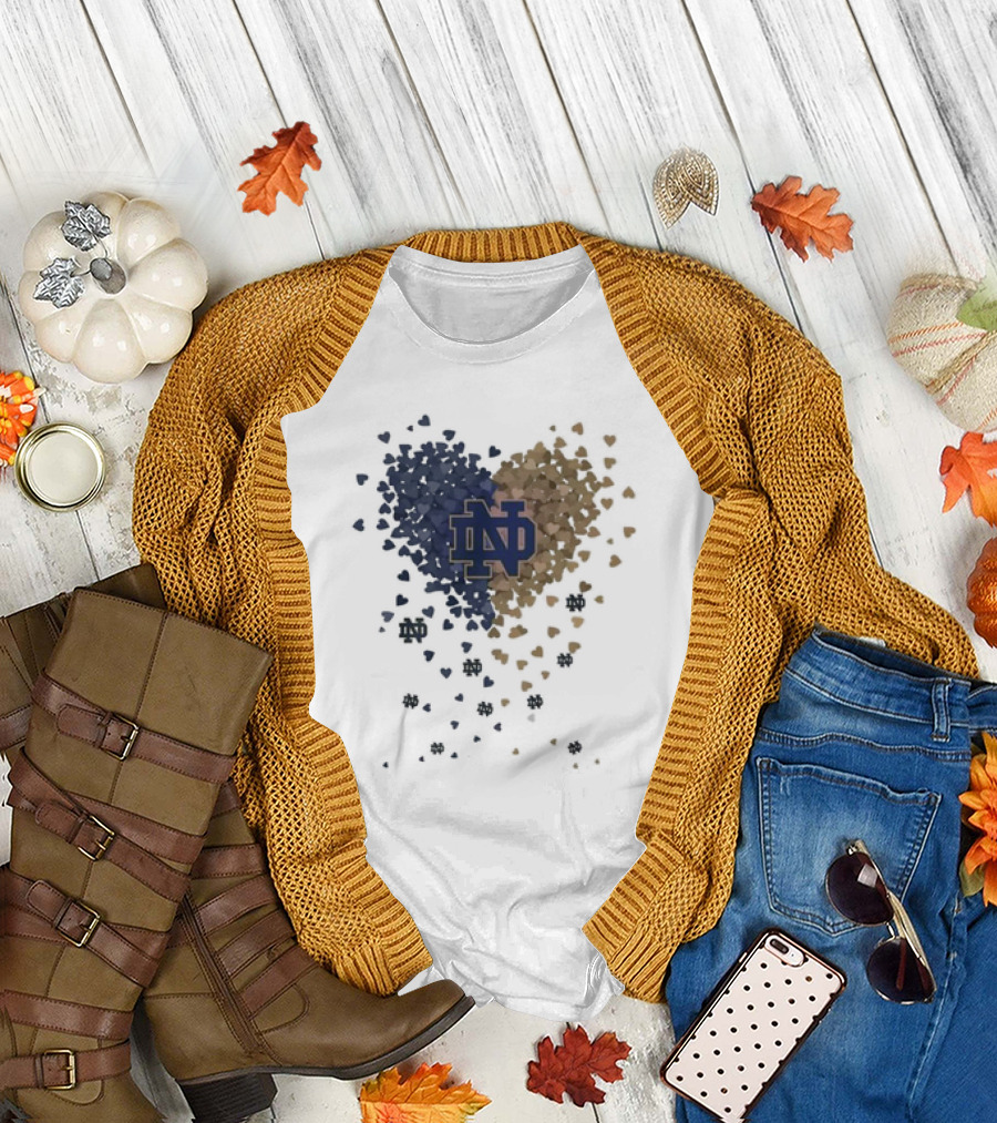 Heart Full of Notre Dame Fighting Irish ND Logo and Blue Gold Hearts T-Shirt