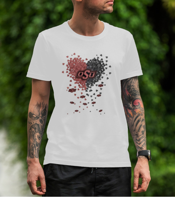 OSU Oklahoma State Cowboys Heart Design Filled With Red And Gray Hearts T-Shirt