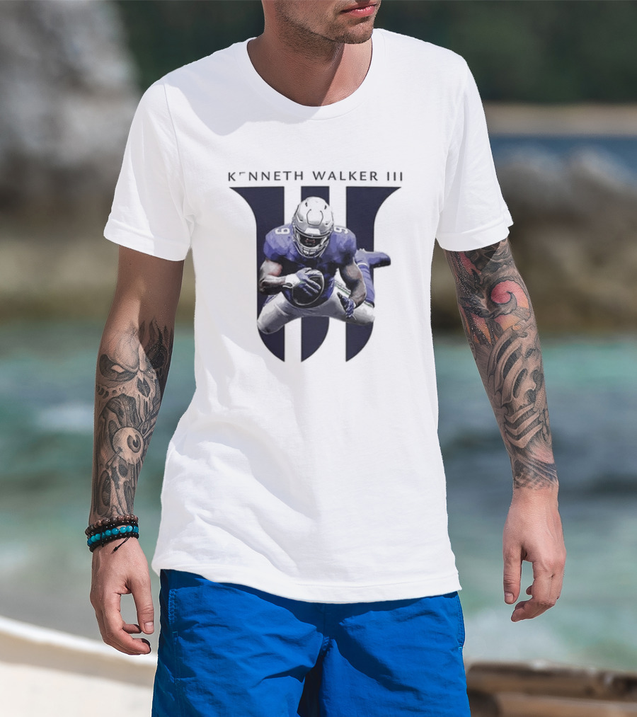 Kenneth Walker III Football Jump In Blue Uniform T-Shirt