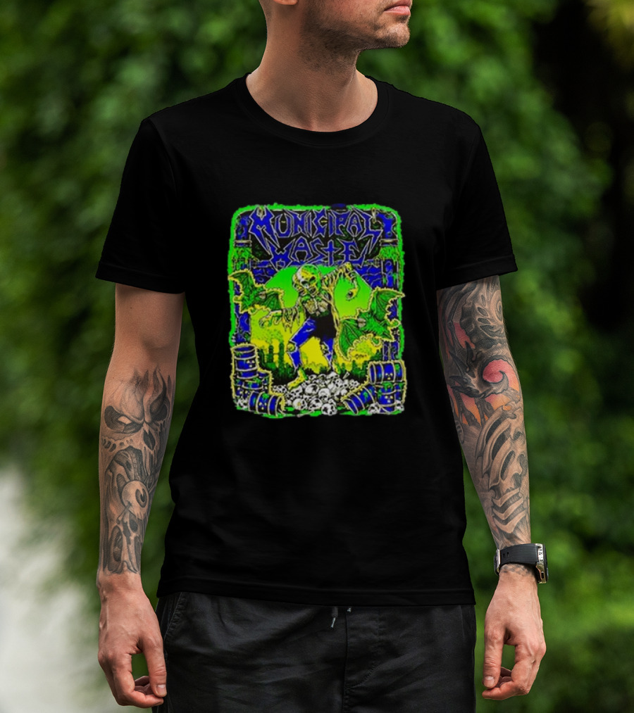 Municipal Waste Radioactive Creature With Toxic Barrels And Green Bats T-Shirt