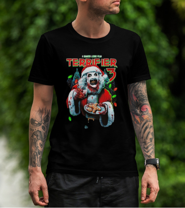 Terrifier 3 A Damien Leone Film Christmas With Milk And Carnage Santa Holding Gingerbread And Glass T-Shirt