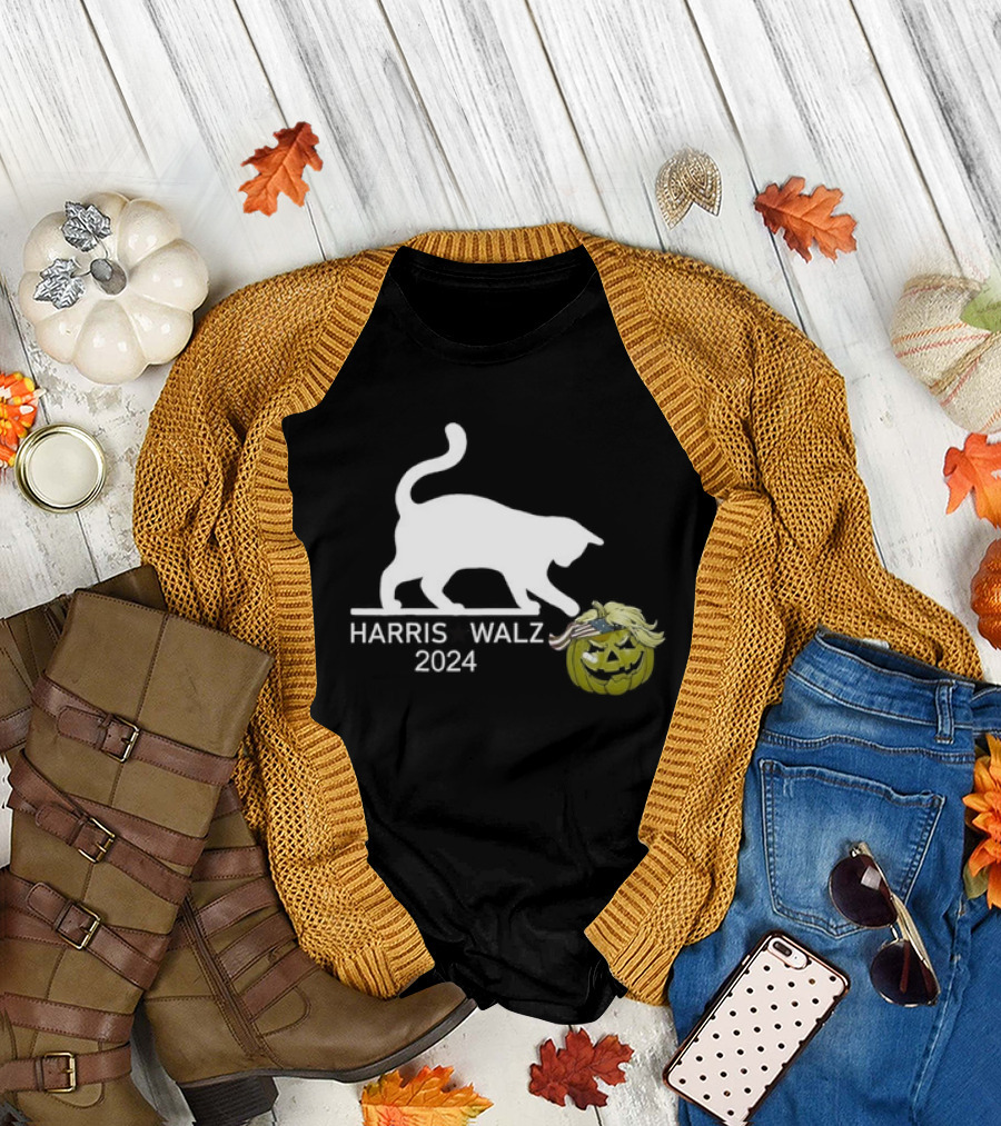 Cat Ladies for Harris Walz 2024 Funny Trump Hair Pumpkin T-Shirt