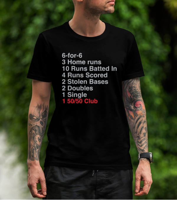 Shohei Ohtani 6-for-6 3 Home Runs 10 Runs Batted In 4 Runs Scored 2 Stolen Bases 2 Doubles 1 Single 50-50 Club T-Shirt