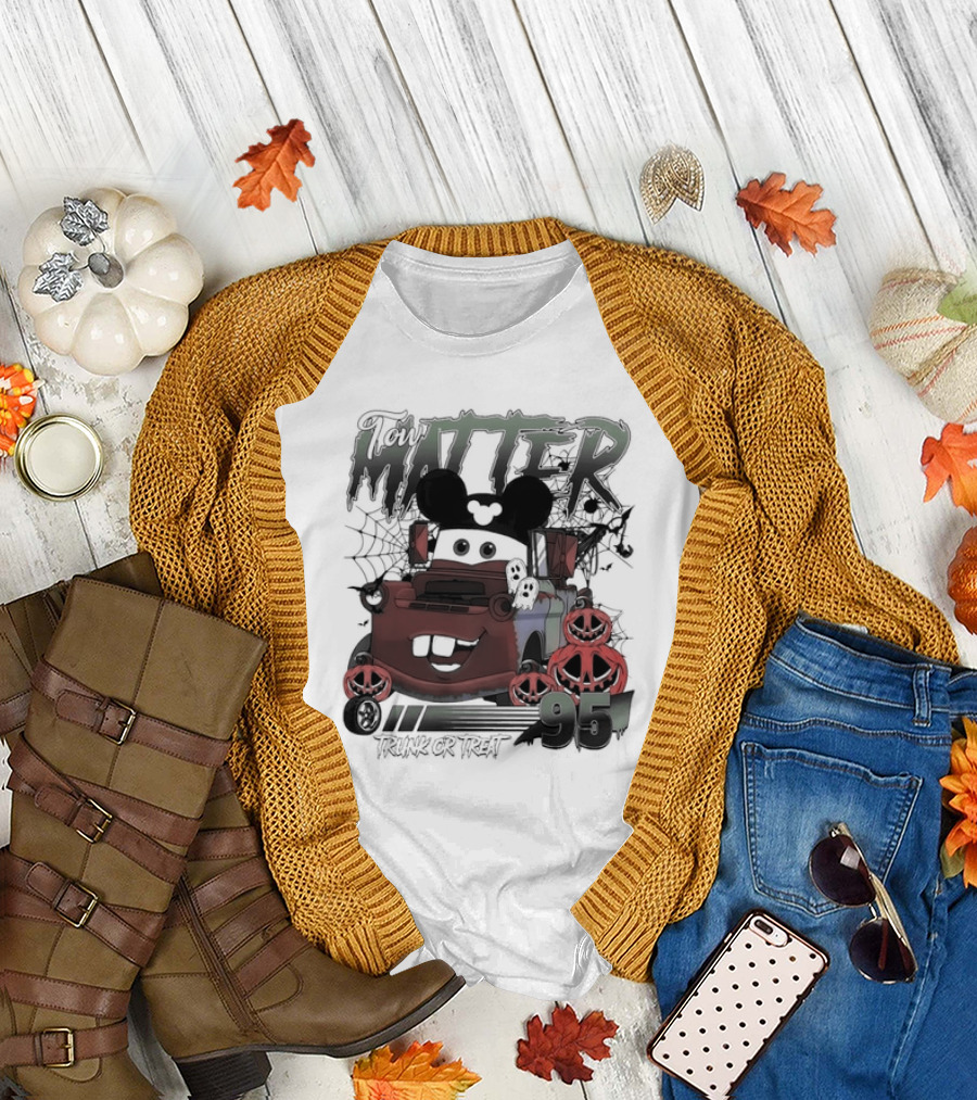 Tow Mater 95 Trunk or Treat Halloween Cartoon with Mickey Mouse Ears and Spider Webs T-Shirt