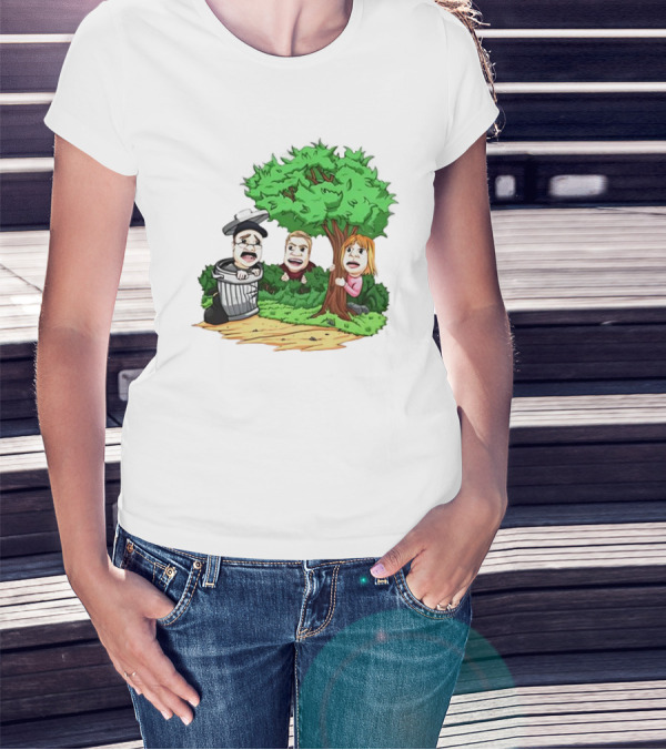 Artem Potokin Little Me Cartoon Characters Hiding Behind Tree And Trash Can T-Shirt