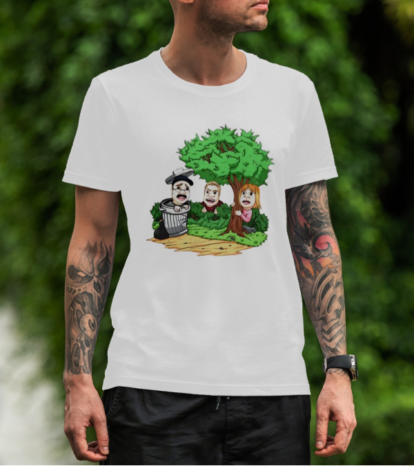 Artem Potokin Little Me Cartoon Characters Hiding Behind Tree And Trash Can T-Shirt