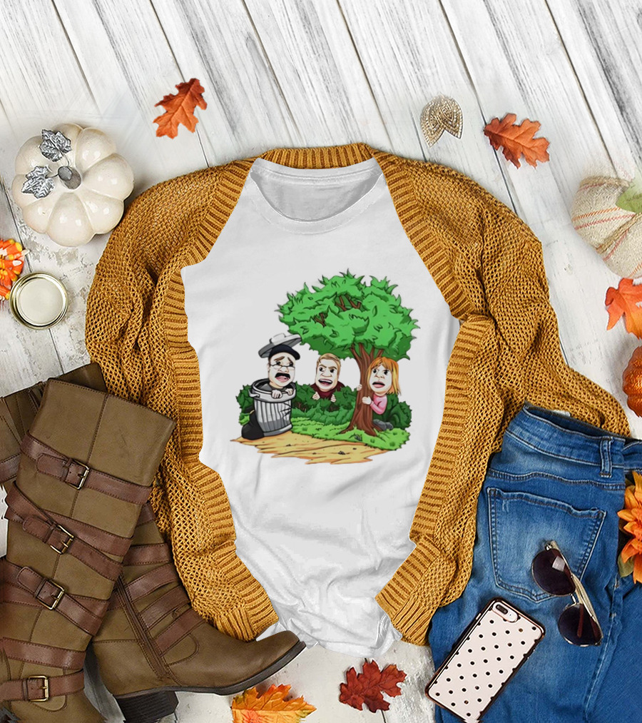 Artem Potokin Little Me Cartoon Characters Hiding Behind Tree and Trash Can T-Shirt