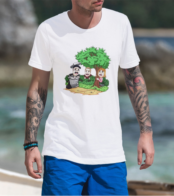 Artem Potokin Little Me Cartoon Characters Hiding Behind Tree And Trash Can T-Shirt
