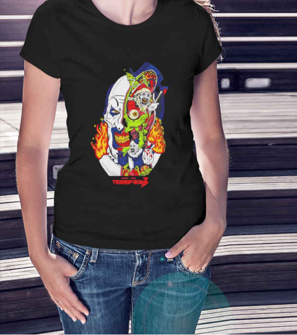 Damien Leone’s Terrifier 3 Clown Mask Horror Flaming Skull Comic T-Shirt