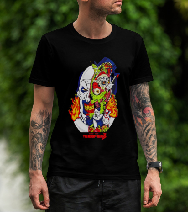 Damien Leone’s Terrifier 3 Clown Mask Horror Flaming Skull Comic T-Shirt