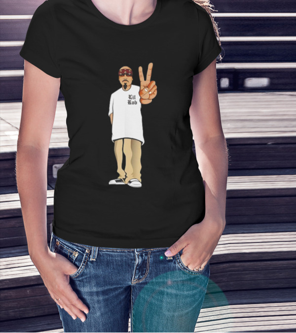 Lil Rob Peace Gesture Cartoon Character With Headband And Bearded T-Shirt