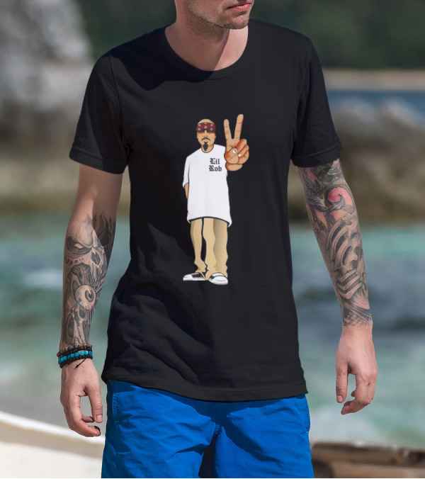 Lil Rob Peace Gesture Cartoon Character With Headband And Bearded T-Shirt