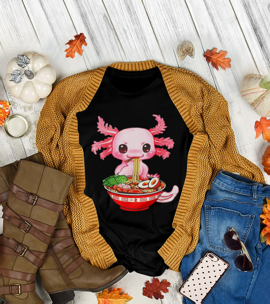 Axolotl Enjoying Cute Ramen Bowl with Funny Expression T-Shirt