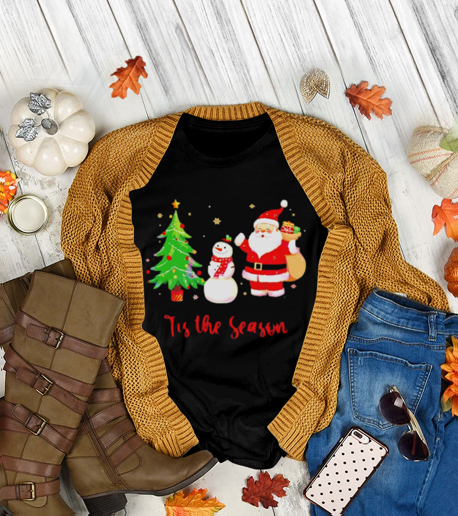Tis the Season Santa Claus Snowman Christmas Tree T-Shirt