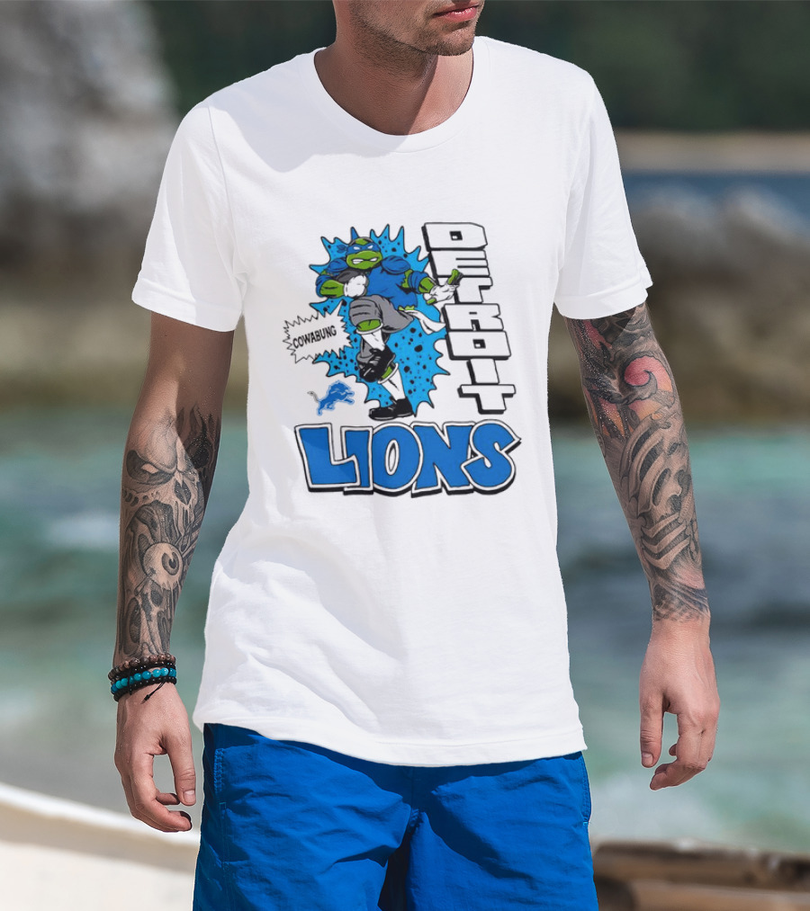 Leonardo Ninja Turtles Cowabunga Detroit Lions Football T-Shirt