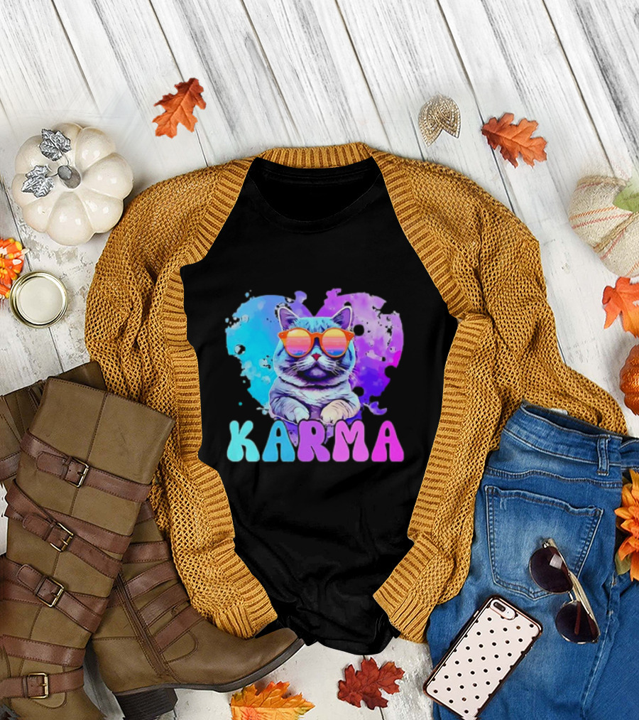 Cat Lover Karma Heart Shape Retro Sunglasses T-Shirt