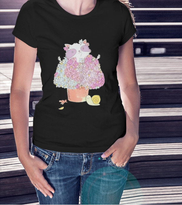Raccoon In Floral Pot With Snail And Blossoms T-Shirt