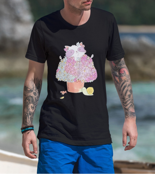 Raccoon In Floral Pot With Snail And Blossoms T-Shirt