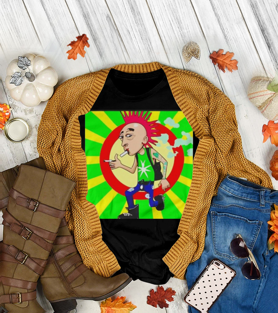Cartoon Punk Rock Weed Smoking Character with Spiky Hair and Star Tank Top T-Shirt
