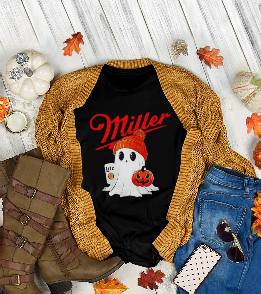 Halloween Miller Lite Ghost with Pumpkin and Beanie T-Shirt