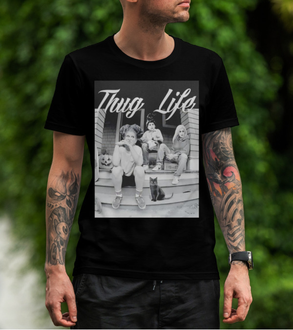 Hocus Pocus Thug Life Witchy Trio With Black Cat And Pumpkin Porch Scene T-Shirt