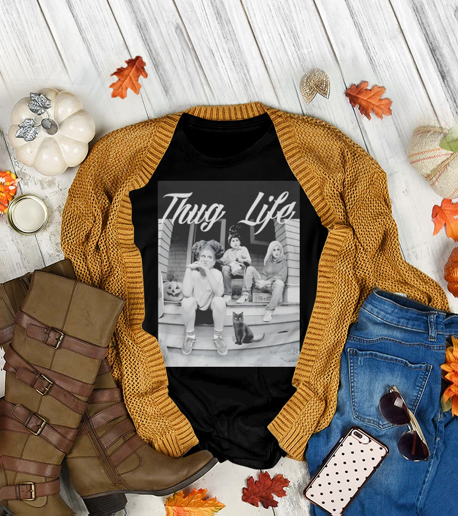 Hocus Pocus Thug Life Witchy Trio with Black Cat and Pumpkin Porch Scene T-Shirt