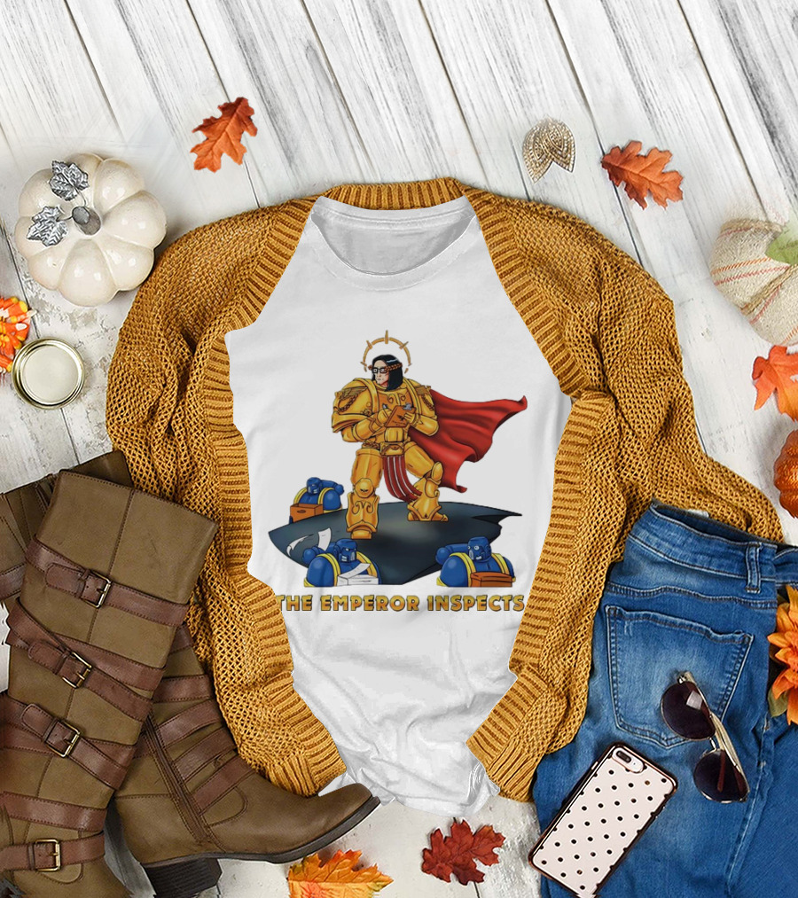 The Emperor Inspects Power Armor with Red Cape and Space Soldiers on Dark Platform T-Shirt