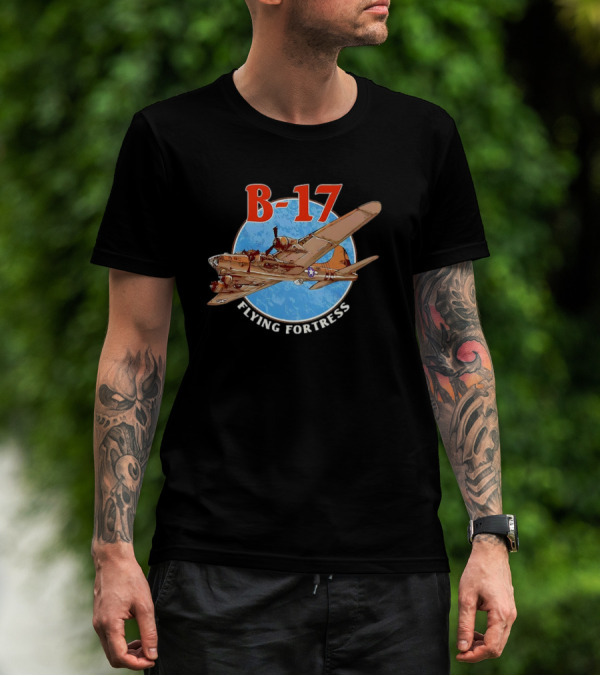 B-17 Flying Fortress Vintage Bomber Aircraft With Blue Globe Background T-Shirt