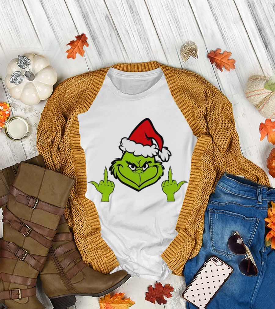 Grinch Middle Finger Funny Grinchmas Santa Claus Iconic Holiday Humor T-Shirt