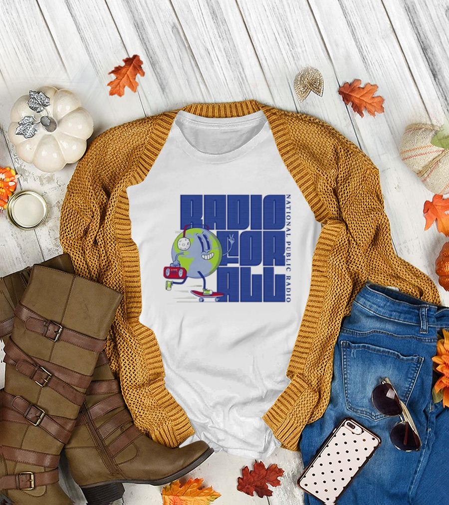 RADIO FOR ALL National Public Radio Cartoon Skateboarding Globe T-Shirt