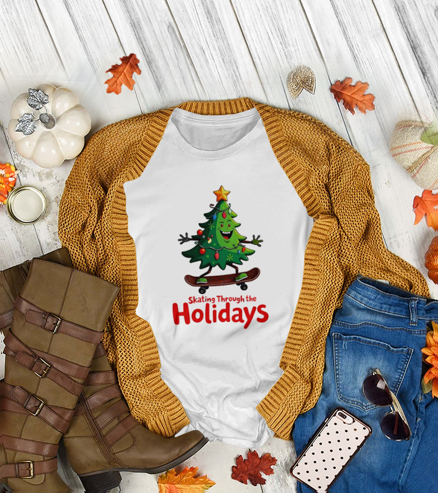 Skating Through the Holidays Christmas Tree Skateboard T-Shirt