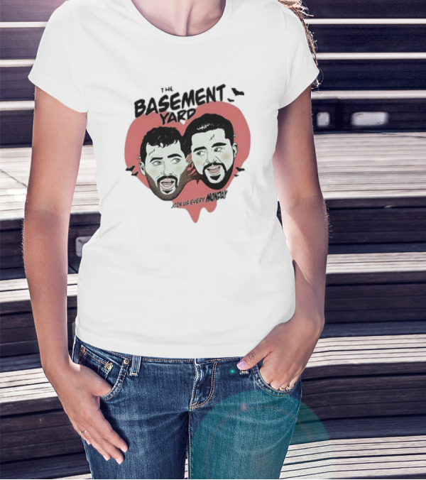 The Basement Yard Join Us Every Monday Spooky Season With Two Characters And Bats T-Shirt