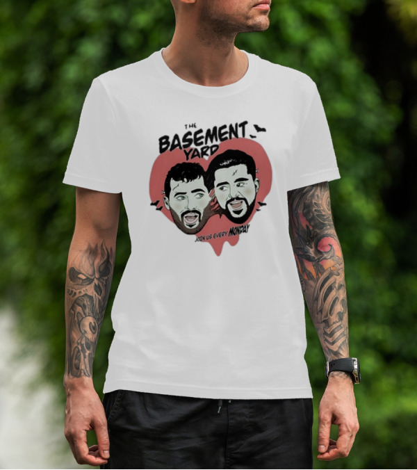 The Basement Yard Join Us Every Monday Spooky Season With Two Characters And Bats T-Shirt