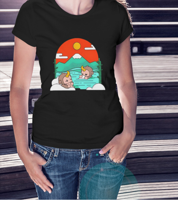 Connor Colquhoun The Tranquil Cute Monkeys In Vibrant Mountain Hot Spring Scenery With Sun And Clouds T-Shirt