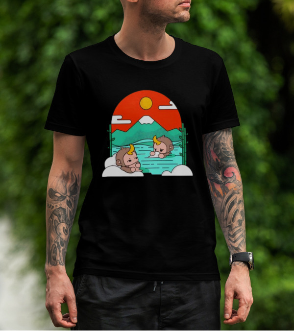 Connor Colquhoun The Tranquil Cute Monkeys In Vibrant Mountain Hot Spring Scenery With Sun And Clouds T-Shirt