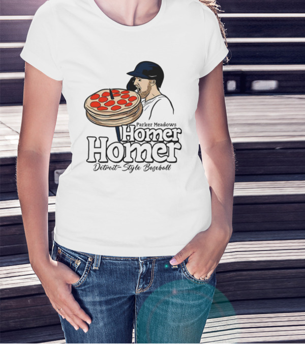 Parker Meadows Homer Homer Detroit-Style Baseball Pizza T-Shirt