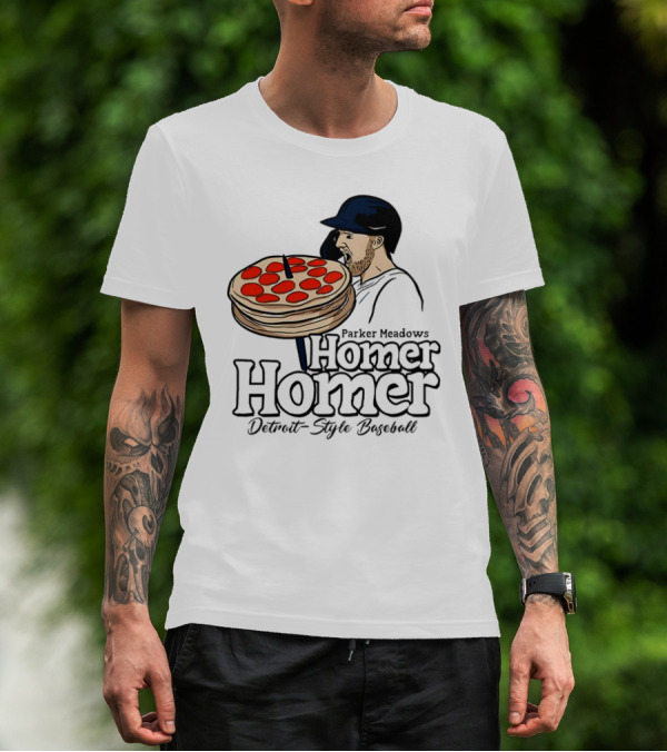 Parker Meadows Homer Homer Detroit-Style Baseball Pizza T-Shirt