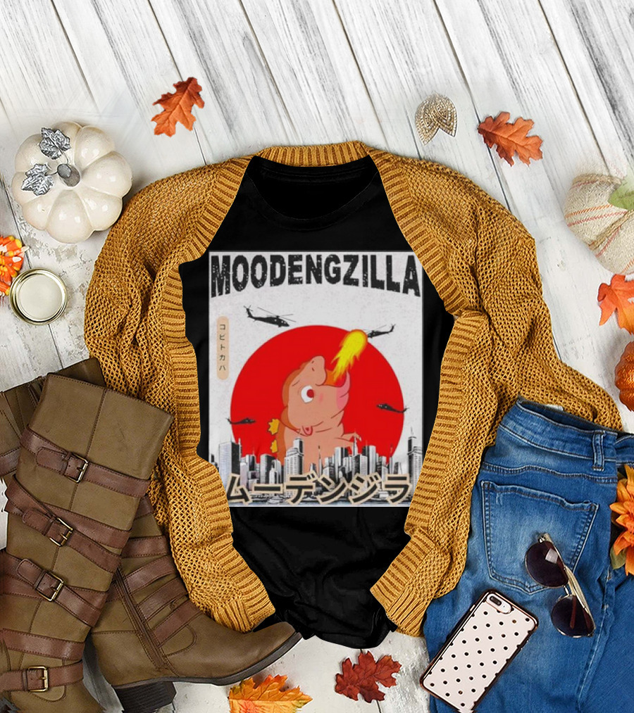 Moodengzilla Pygmy Hippopotamus Funny Retro Skyline with Helicopters T-Shirt