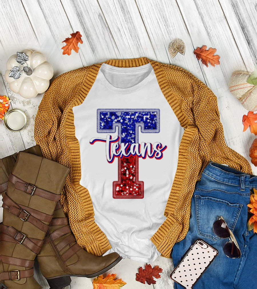 Texans Glitter Football T Red Blue T-Shirt