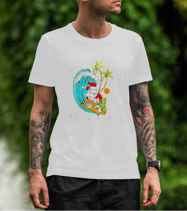 Mele Kalikimaka Hawaii Christmas Surfing Santa Wave Palm Trees Sun T-Shirt