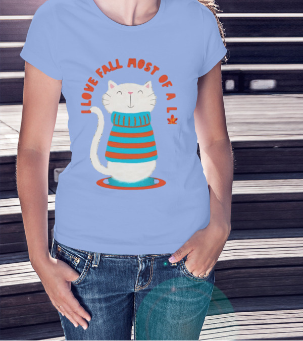 I Love Fall Most Of All Cat In Striped Sweater With Leaf T-Shirt