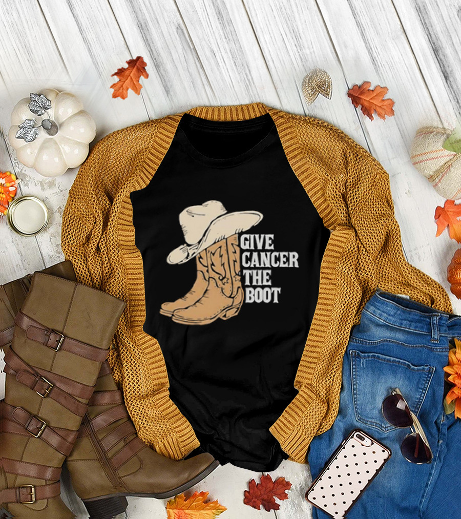 Give Cancer the Boot Retro Cowboy Hat and Boots T-Shirt
