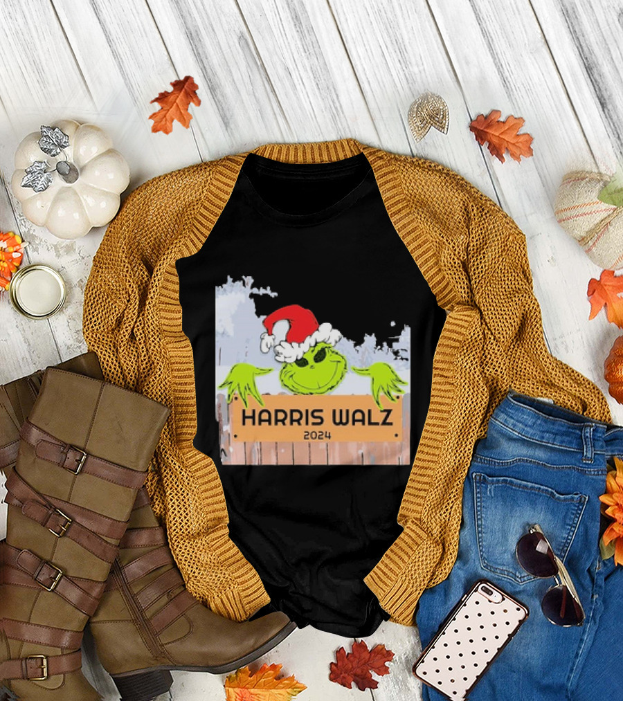 Grinch Harris Walz 2024 Christmas Santa Hat Fence Peeking T-Shirt